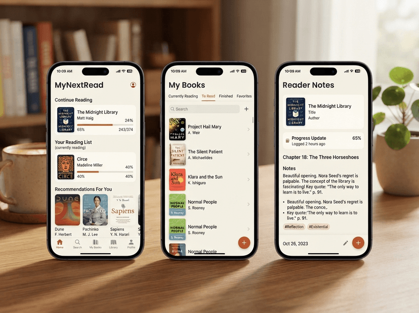 MyNextRead Mobile App Showcase Screen Trio